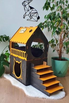 Dekoratif Kedi Evi Teraslı Dublex Turuncu Siyah TURUNCUREBAB