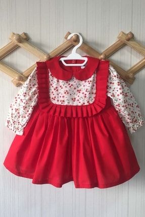 Bebe Yaka Pileli Çiçek Desenli Kırmızı Kız Çocuk Bebek Elbise 187