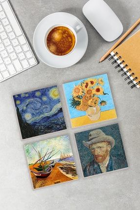 Van Gogh Taş Bardak Altlığı Taş Baskılı Masaüstü Koruyucu Altlık 4'lü Set (10X10CM) Stone Coasters PCBA154