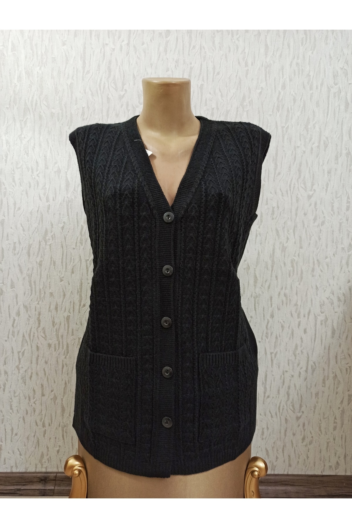 Ön-Er Giyim Cepli Düğmeli Desenli Kışlık Yün Anne Yeleği