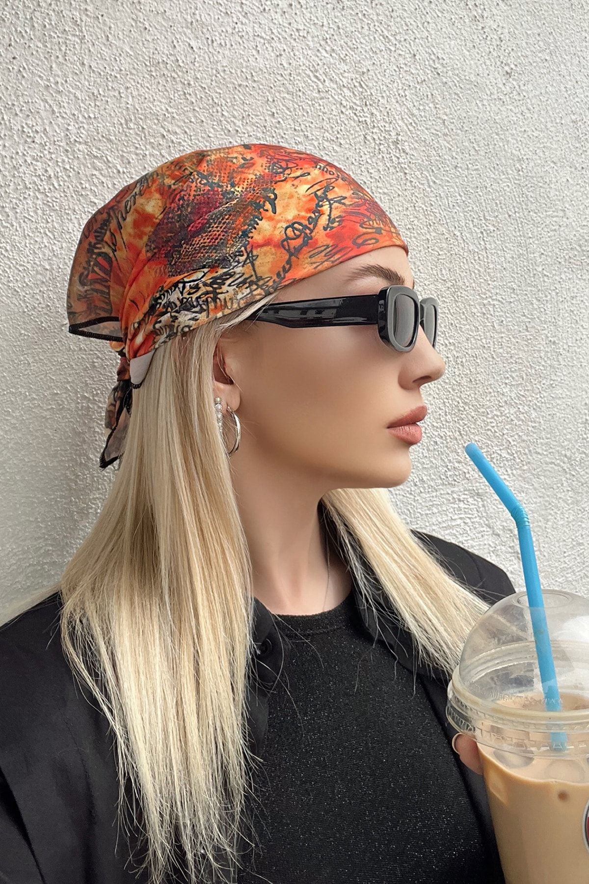 TAKIŞTIR-Orange Color Text Patterned Bandana Scarf 2
