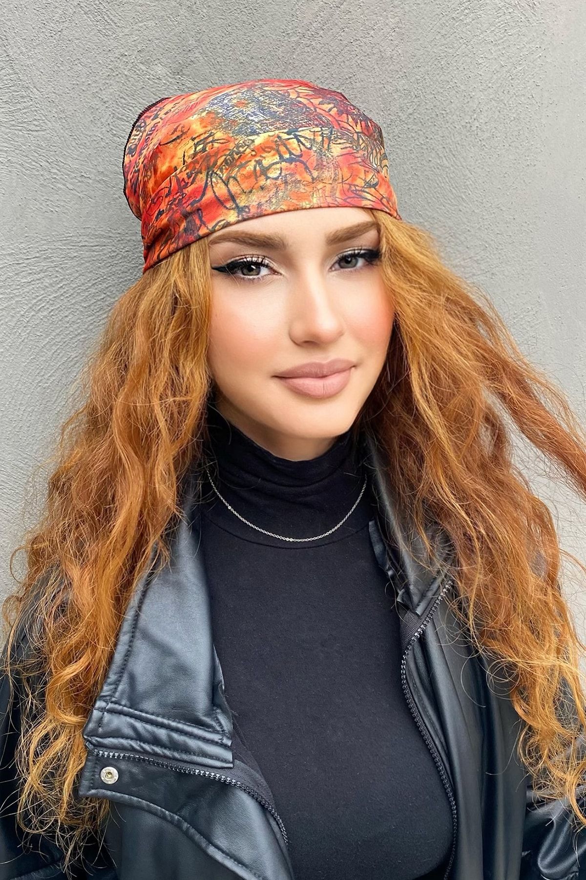 TAKIŞTIR-Orange Color Text Patterned Bandana Scarf 4