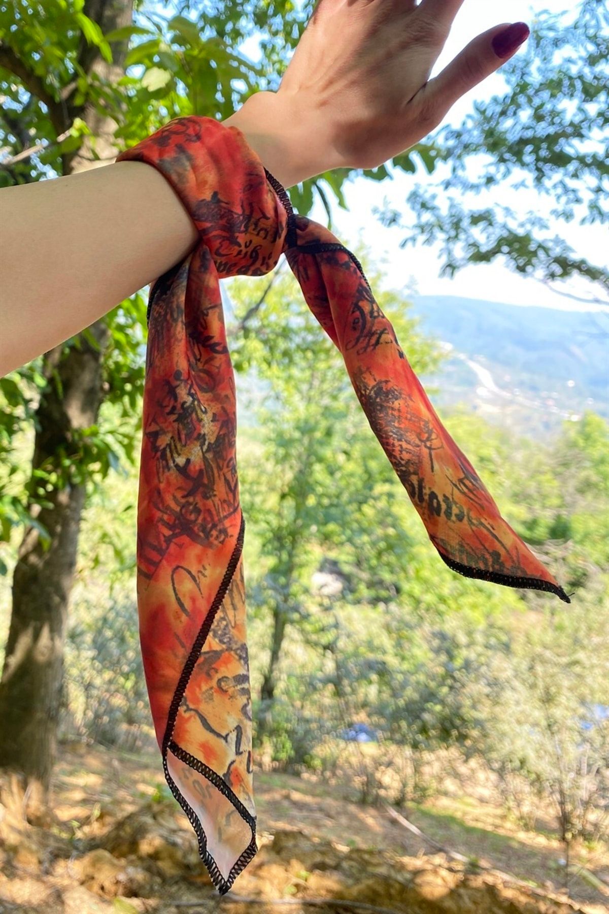 TAKIŞTIR-Orange Color Text Patterned Bandana Scarf 7