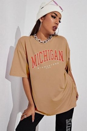 Kadın Tütün Rengi Oversize Michigan Baskılı T-shirt - K2110