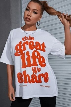 Kadın Beyaz Great Life Oversize T-shirt - K2177