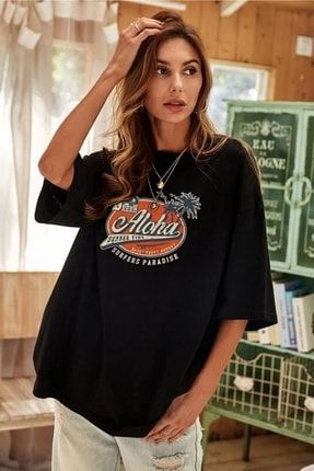 Siyah Oversize Aloha Baskılı Kadın T-shirt - K2112