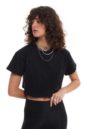 Kadın Siyah Basic Crop Tişört 20Y18860-495