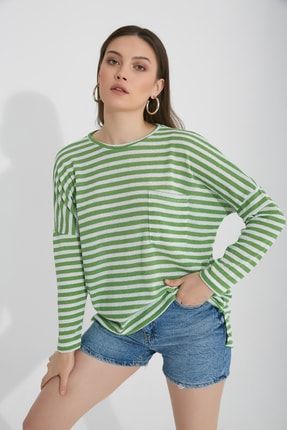 Kadın Çizgili Cep Detaylı Uzun Kollu Örme Bluz BS10707Y
