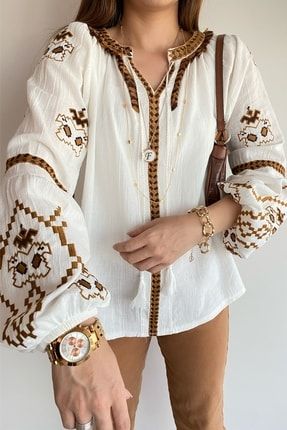Kadın Beyaz Nakış Işlemeli Püsküllü Balon Kol Vintage Bluz s2ft5y