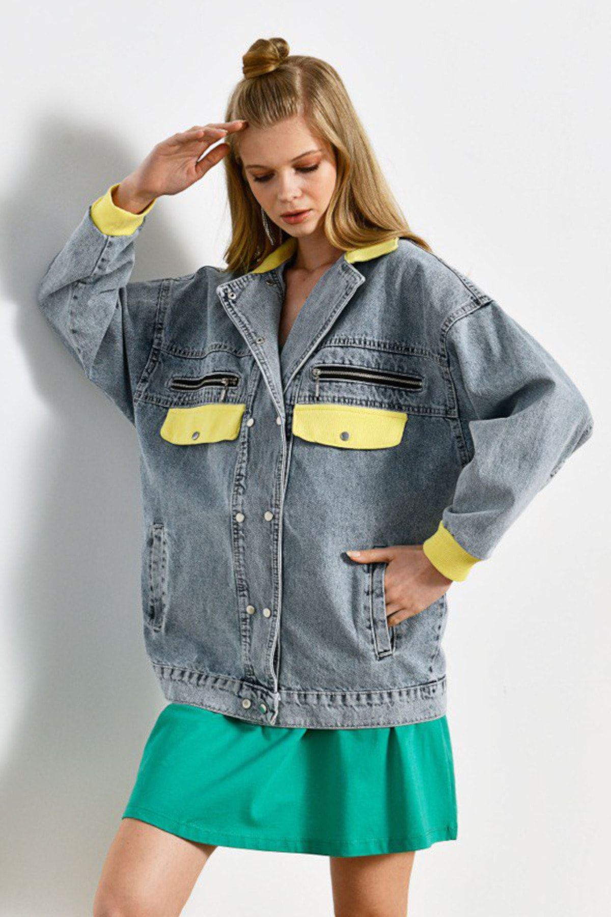 fehika Women s Yellow Blue Denim Jacket Pocket Detailed Elastic