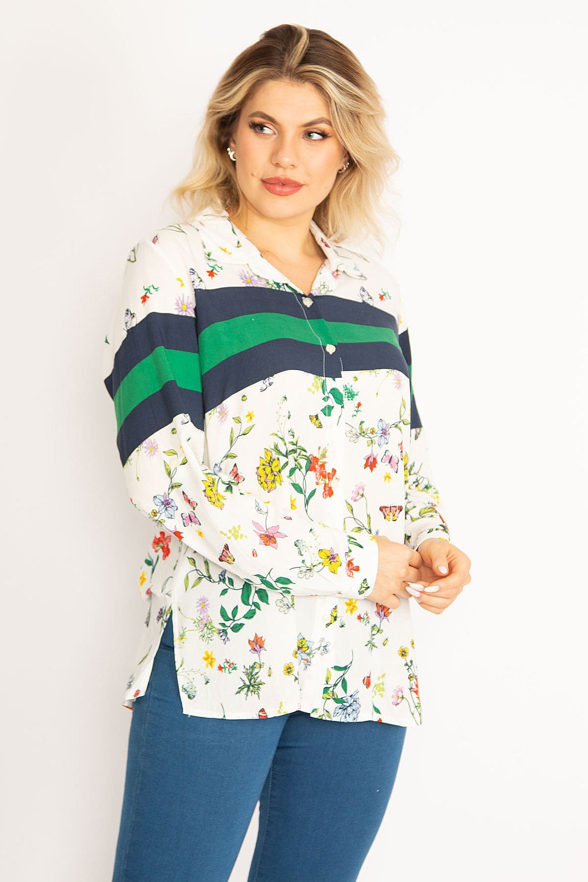 Şans-Women's Large Size Patterned Front Buttoned Woven Viscose Patterned Blouse 65n29107 2