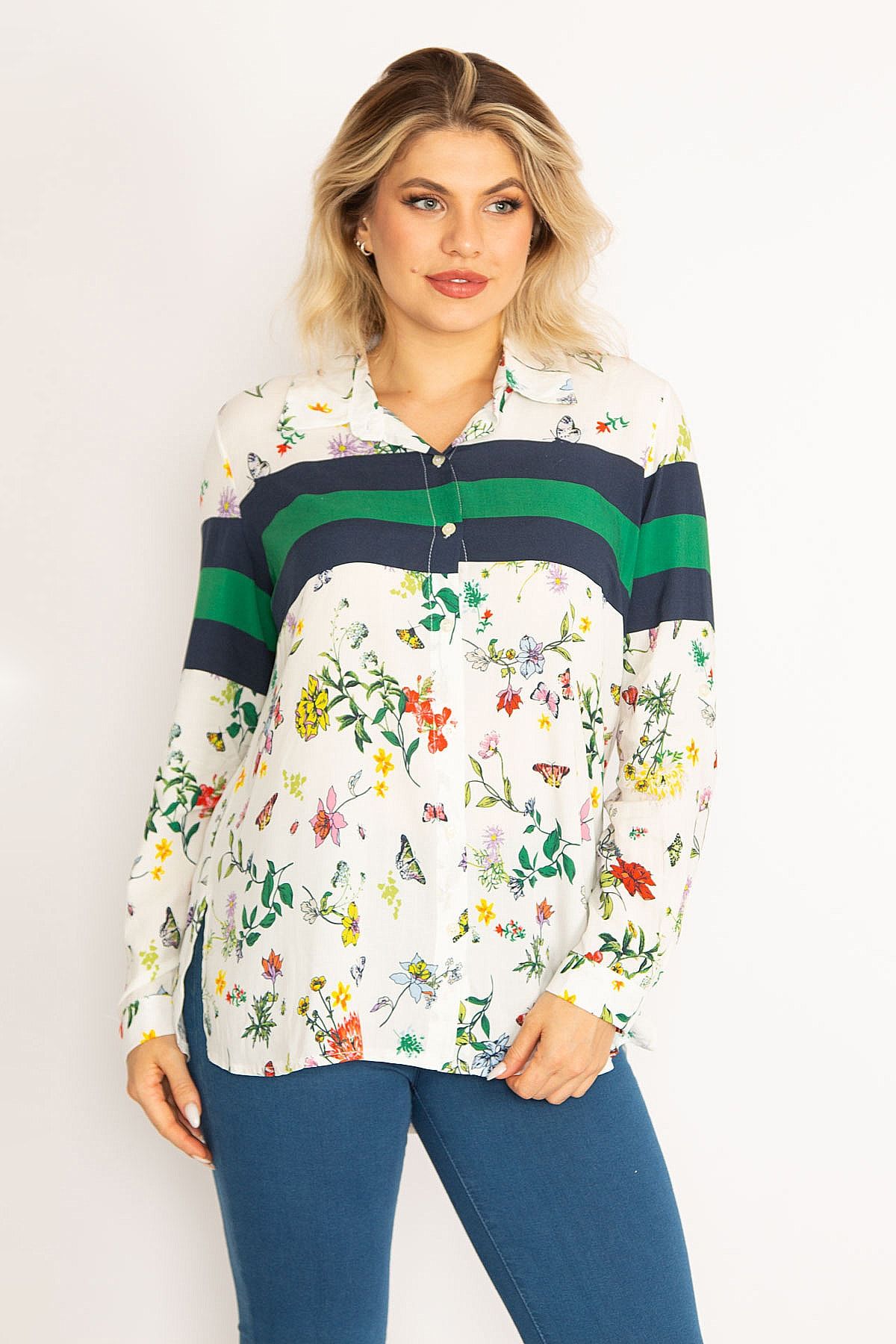 Şans-Women's Large Size Patterned Front Buttoned Woven Viscose Patterned Blouse 65n29107 3