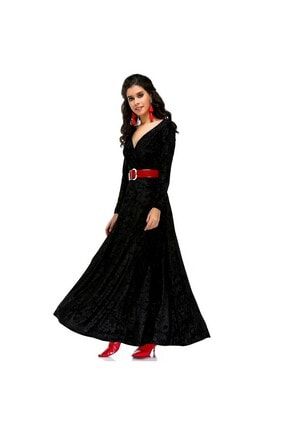 Kadın Kruvaze Yaka Maxi Kloş Siyah Kadife Uzun Elbise BLA7000101