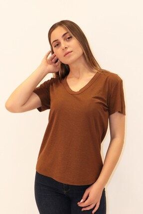 Kahverengi Kadın Organik V Yaka T-shirt ORGV