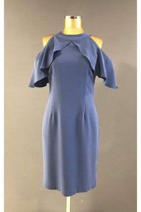 Kadın Indigo Düşük Omuz Krep Kumaş Elbise K:55012 Trendabiye PROTO 55012