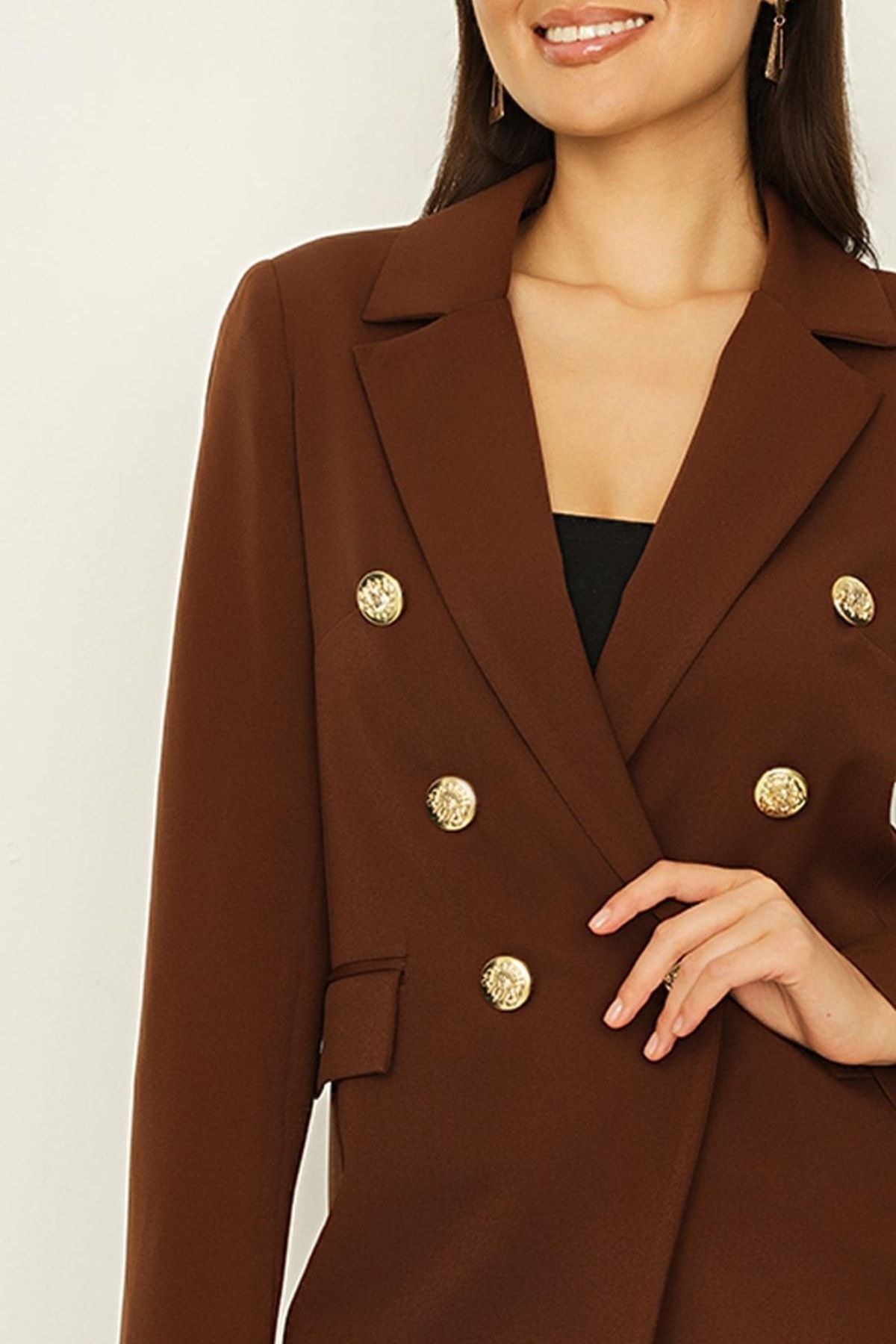 Select Moda-Women's Brown Chocolate Color Gold Button Closure Lined Blazer Jacket 3