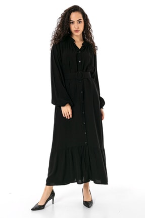 Siyah Uzun Kol Kemerli Elbise 0019960100