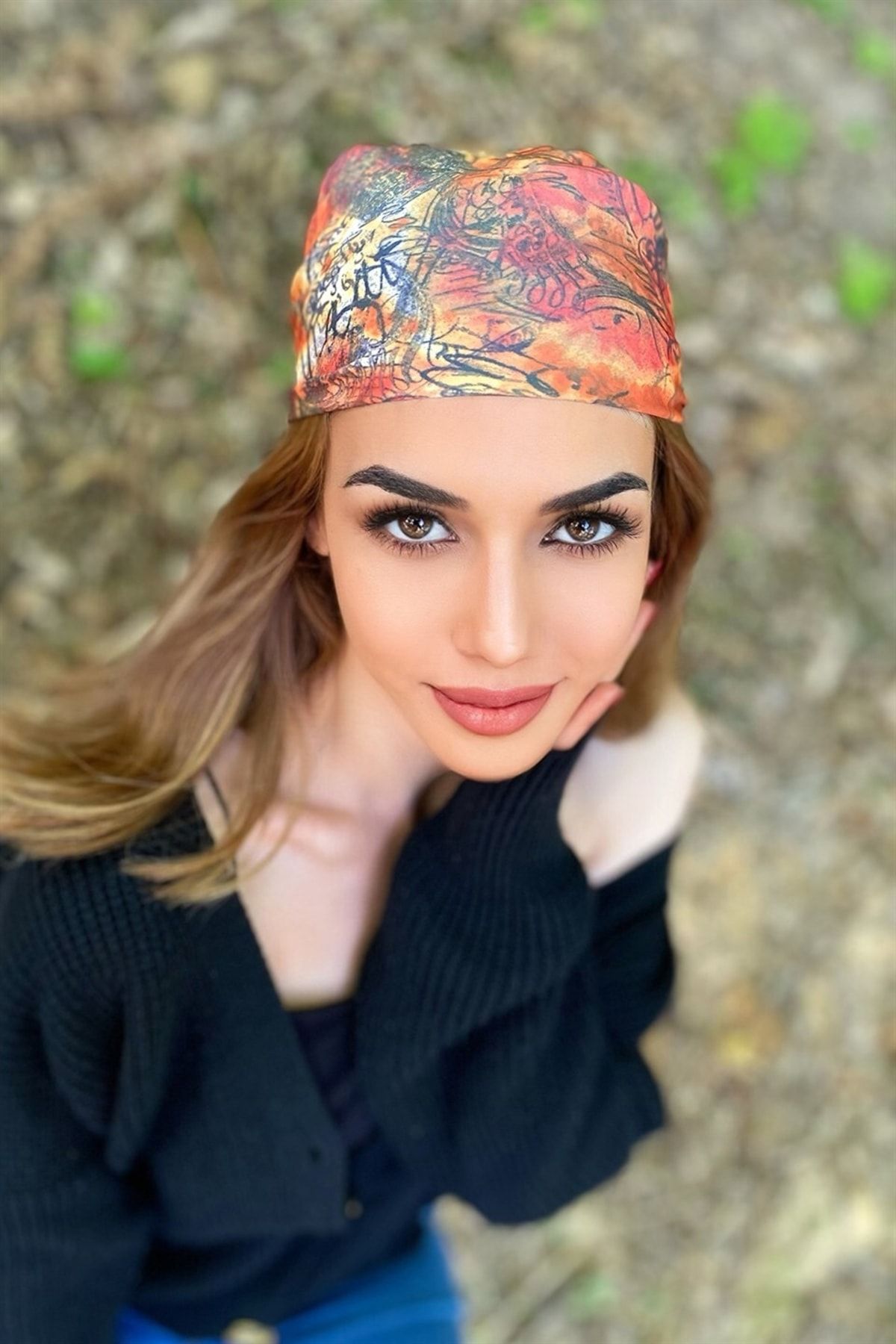 TAKIŞTIR-Orange Color Text Patterned Bandana Scarf 5
