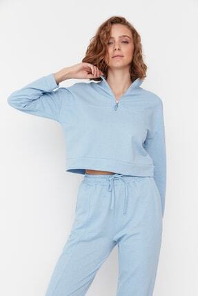 TRENDYOLMİLLA Mavi Fermuar Detaylı Dik Yaka &Ouml;rme Sweatshirt THMAW23SW00004