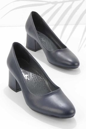 Lacivert Hakiki Deri Kadın Klasik Topuklu Ayakkabı K01531190303