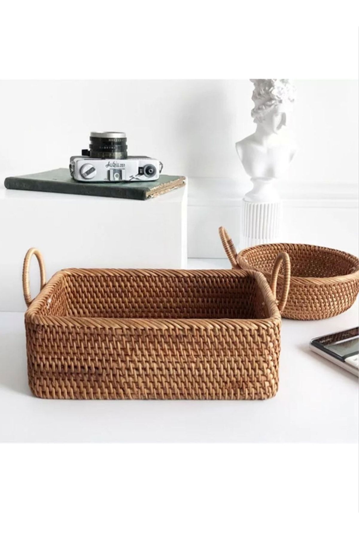 LİLLA HOME-Rattan Bamboo Decorative Presentation Tray Bathroom Organizer with Rectangular Handle 14x20 Cm / Piece 1