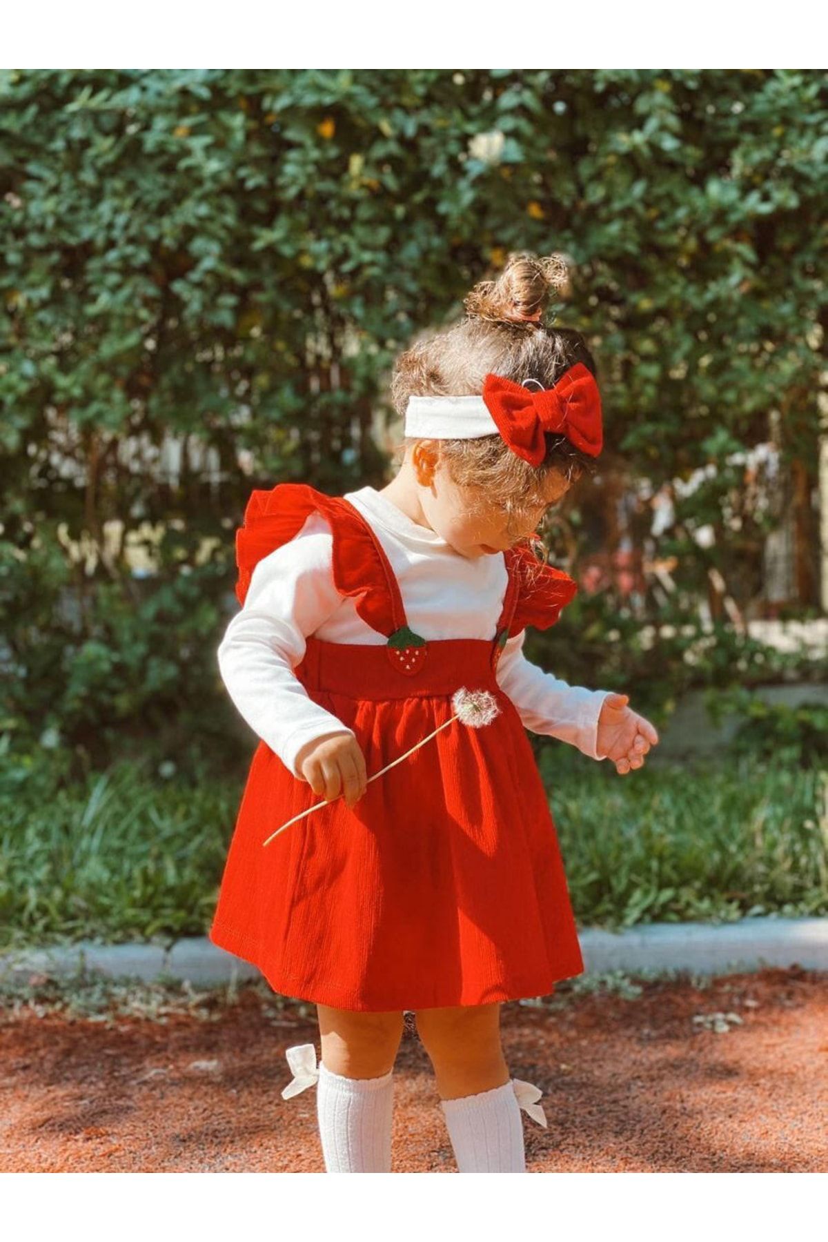 COLORED BABY Baby Girl Strawberry Detailed Corduroy Dress 3 Piece