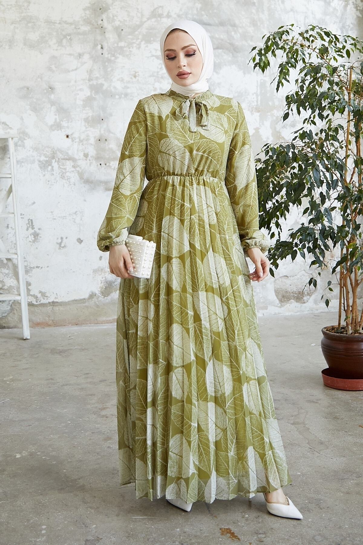 InStyle-Polina Leaf Pattern Chiffon Hijab Dress - Oil Green 5