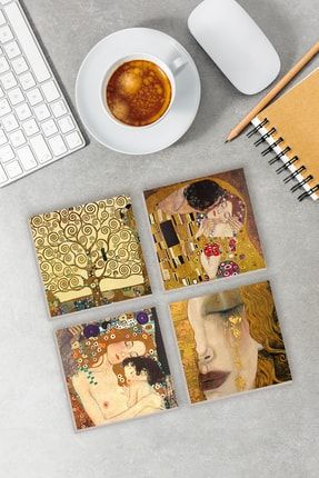 Gustav Klimt Taş Bardak Altlığı Taş Baskılı Masaüstü Koruyucu Altlık 4'lü Set 10x10cm Stone Coasters PCBA139
