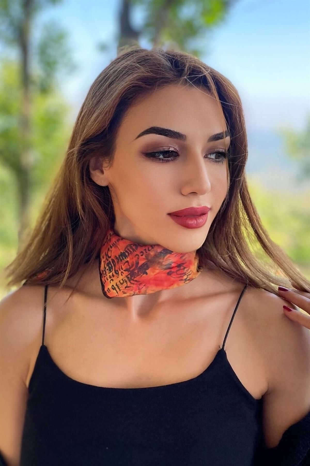 TAKIŞTIR-Orange Color Text Patterned Bandana Scarf 6