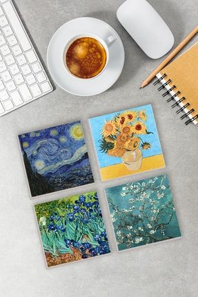 Bardak Altlığı Doğal Taş Vincent Van Gogh Özel Baskı Stone Coasters 4 Parça Set PCBA179