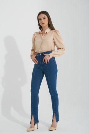 Kadın Yırtmaçlı Yüksek Bel Slim Flare Jeans C707D