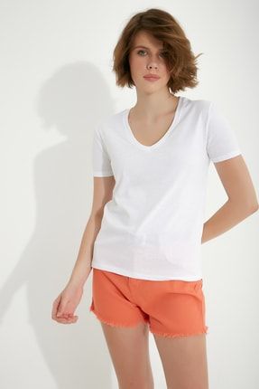 Kadın V Yaka Kısa Kollu Basic Örme T-shirt C7498Y
