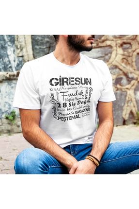 Giresun Şehrine Özel Tasarımlı Baskılı Tişört - Beyaz Renk - Kısa Kollu - Bisiklet Yaka T-shirt K105135