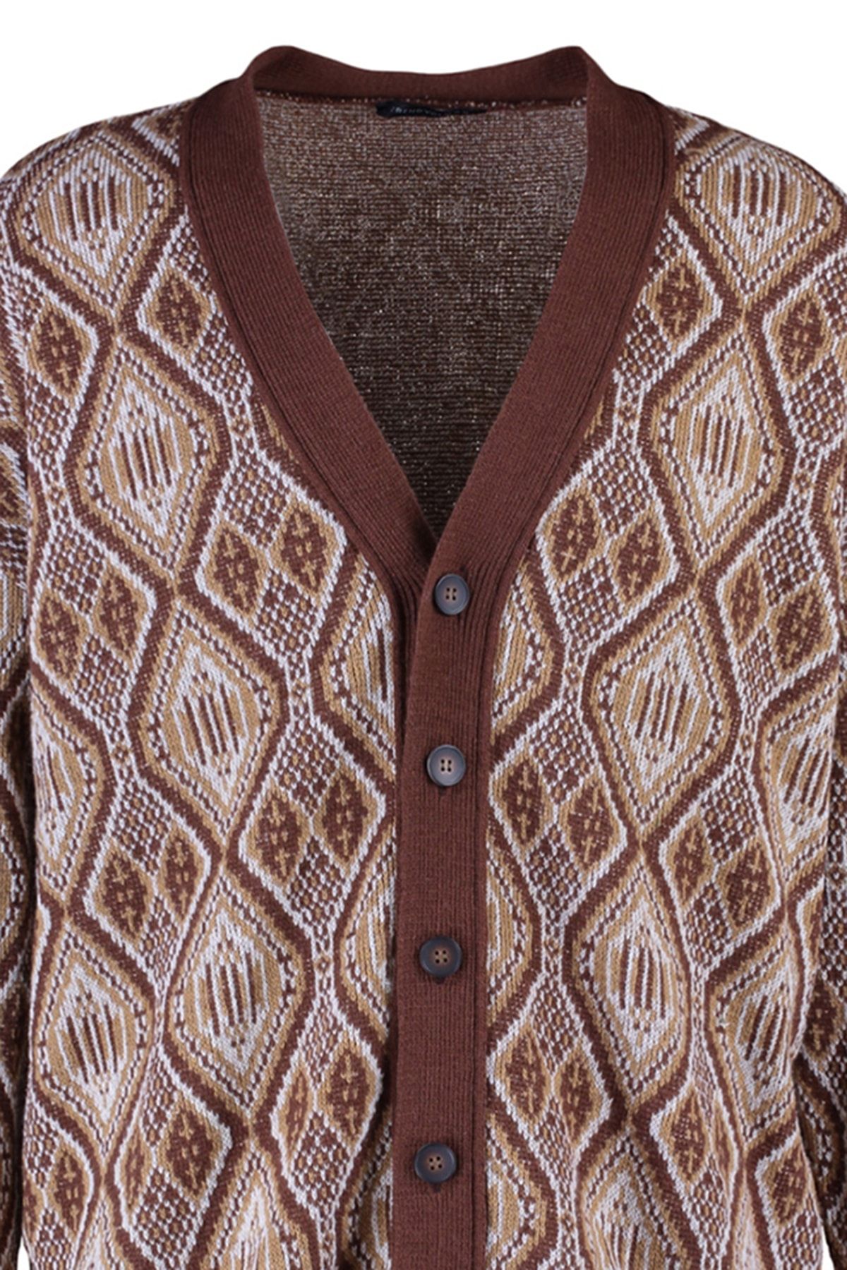 Trendyol Collection-Żółty kardigan z dekoltem w serek i wzorem w romby, oversize, dzianinowy - Tmnaw23Hi00012 7