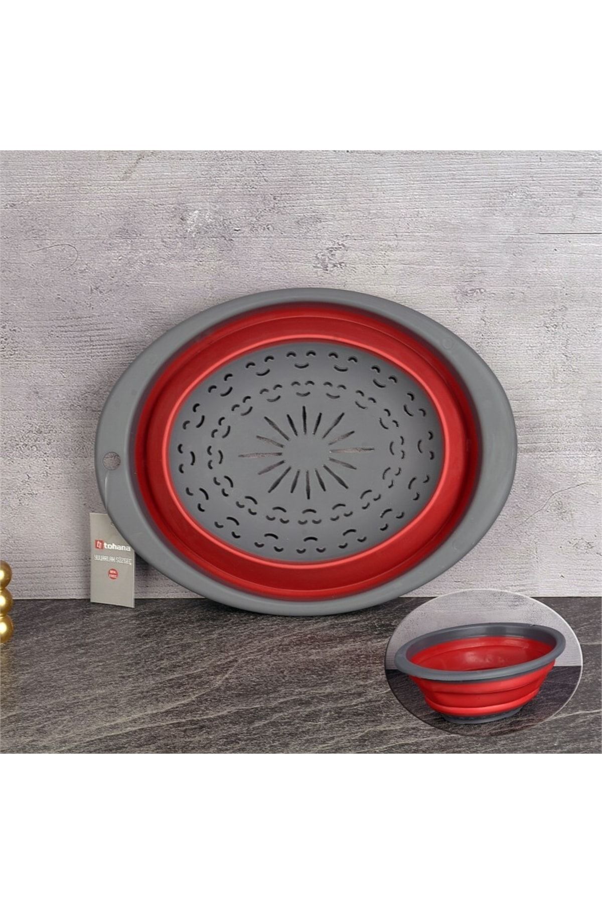 Akordiyon Oval Süzgeç Katlanabilir Bpa Içermez Gri Kırmızı