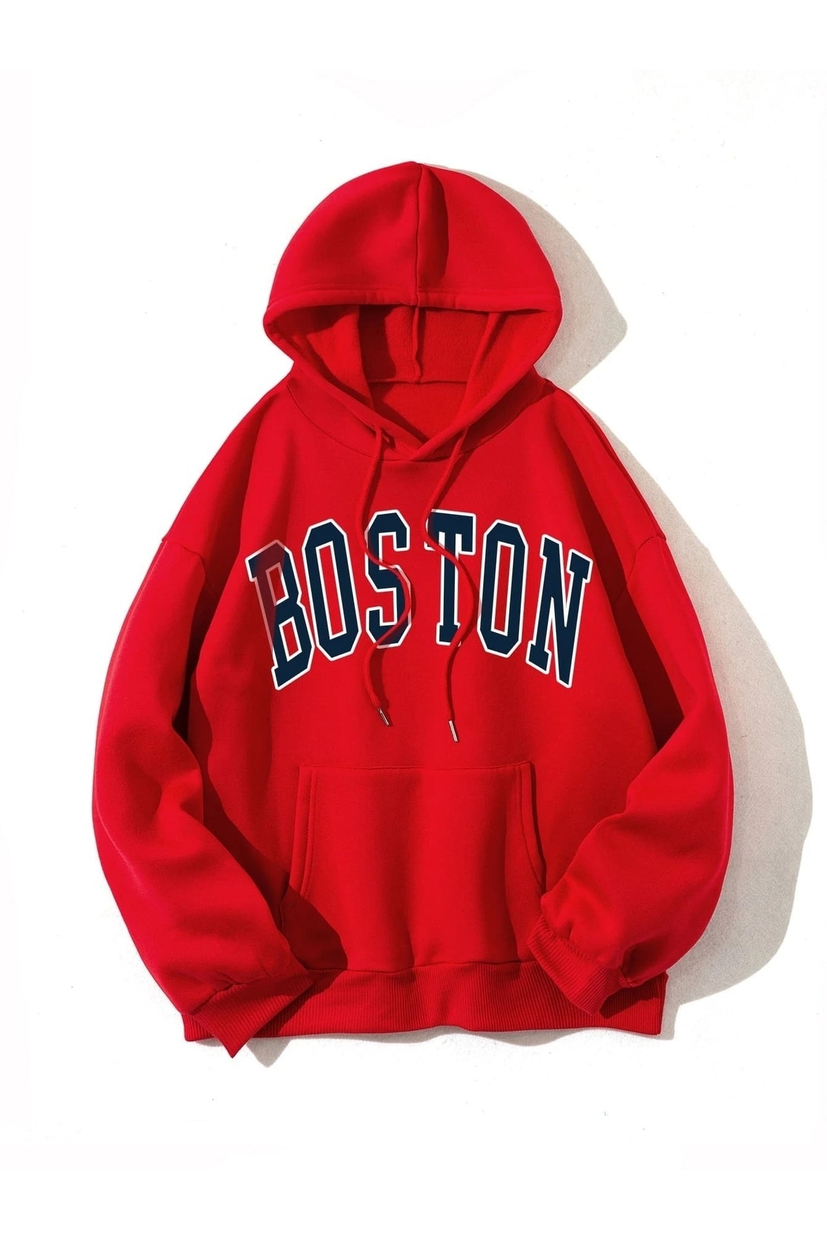Trendseninle Unisex Kırmızı Oversize Boston Baskılı Sweatshirt Kapüşonlu
