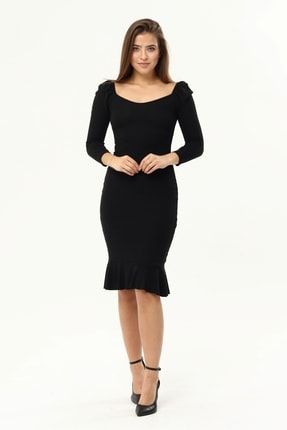 Kadın Siyah Balon Kol Eteği Volanlı Elbise TYC00301729840