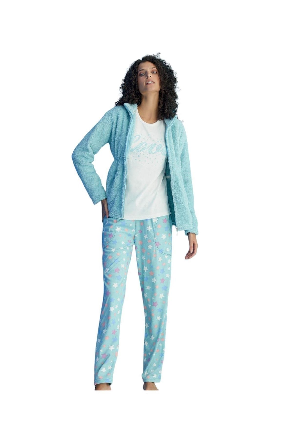 BIES Blue Love Star Round Collar Fleece Cardigan Long Sleeve