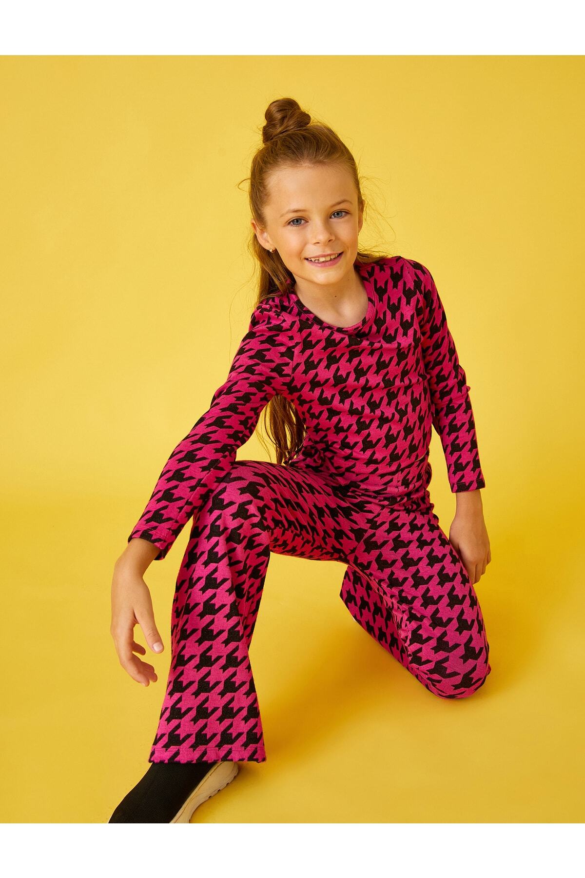 Koton-Flared Leg Trousers Houndstooth Patterned 1