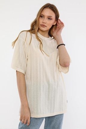 Kadın Ekru Pamuklu Oversize T-shirt UN-7040