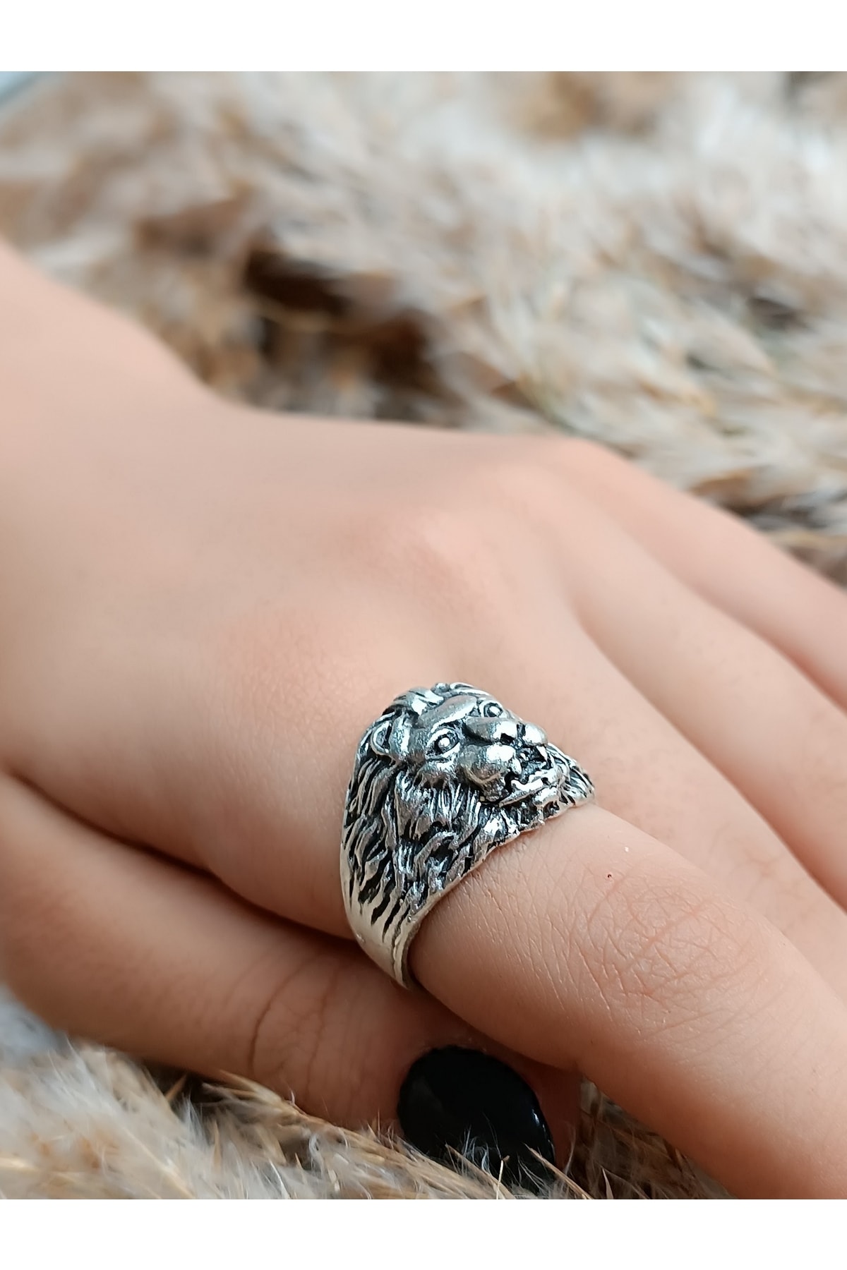 Aslan Model Antik Eskitme Gümüş Kaplama Ayarlanabilir Yüzük 2