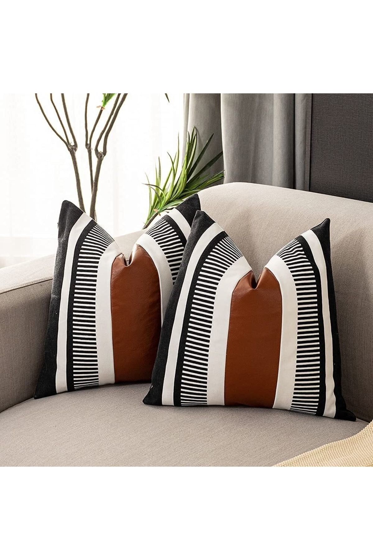 Silk Cocoon Deri Görünümlü Tribal Şerit Desenli Dekoratif Kırlent Kılıfı 2'li Set 43x43 Cm