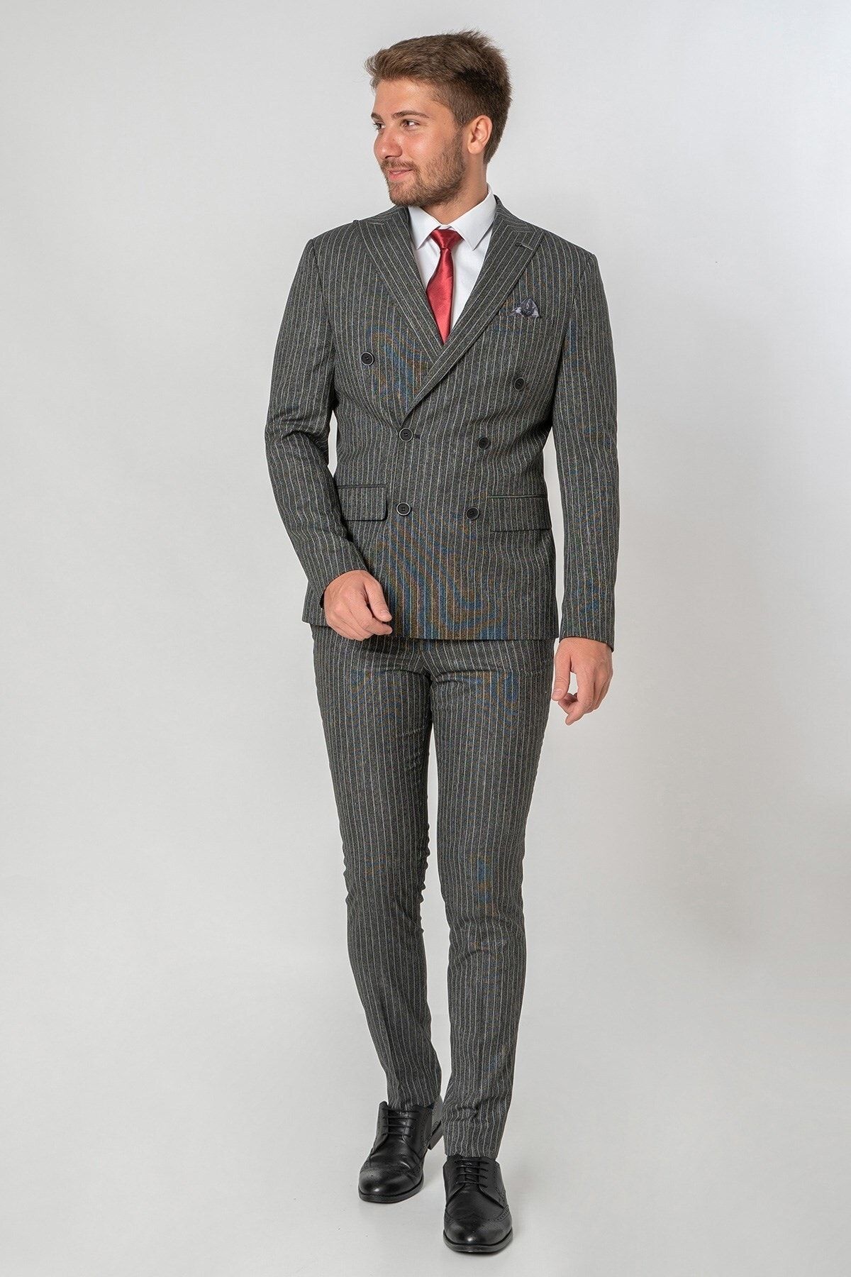 White Stone Bodø Slim Fit T102 Likralı Kruvaze Takım Elbise Desenli OH9269