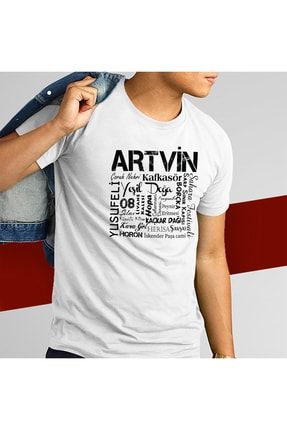 Artvin Özellikleri Tasarımlı Baskılı Tişört - Beyaz Renk - Kısa Kollu - Bisiklet Yaka T-shirt 8682401091386