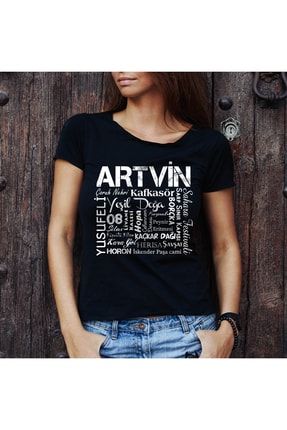 Artvin Özellikleri Tasarımlı Baskılı Tişört Siyah Kısa Kollu - Bisiklet Yaka T-shirt 8682401091249