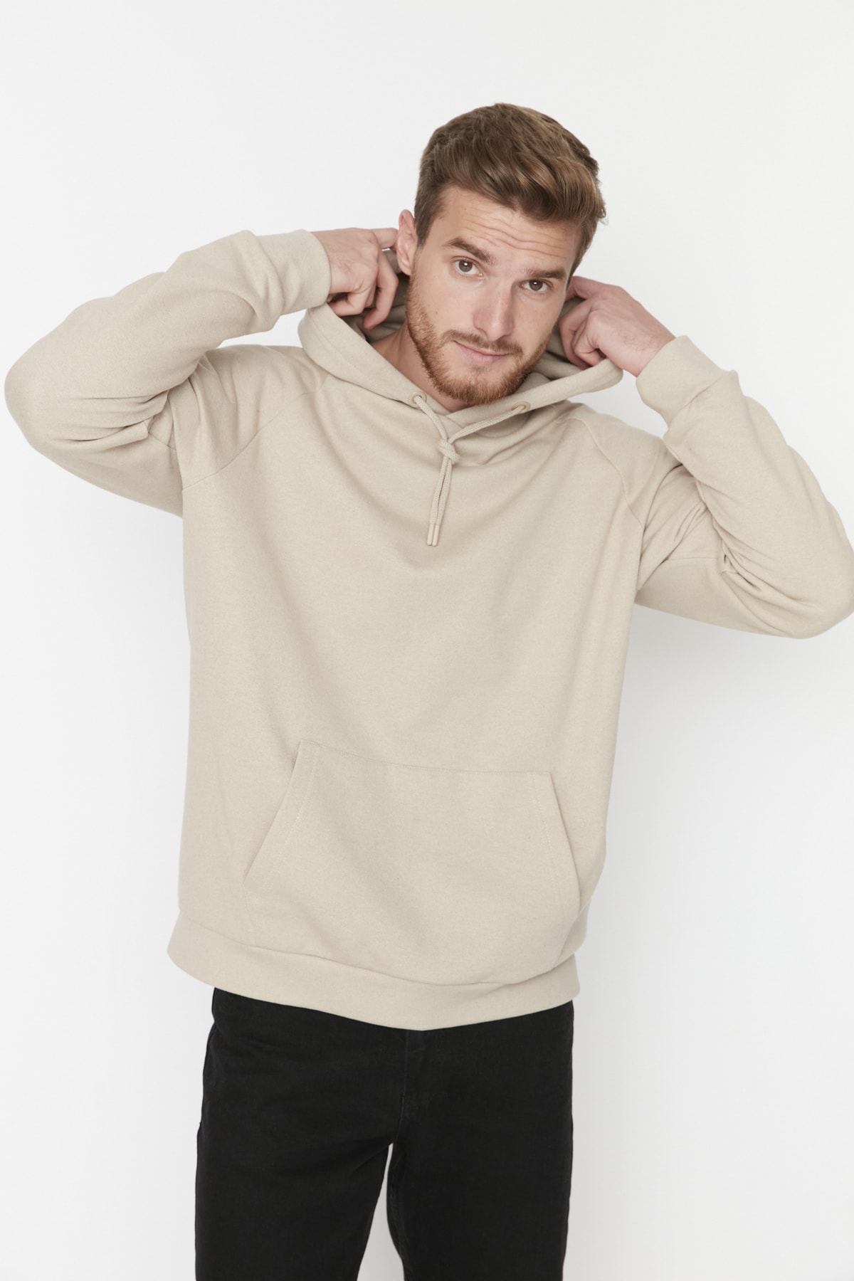  Trendyolmilla Man Bej Oversize/Geni? Kesim Kapü?onlu ?çi Polar/S?cak Tutan Sweatshirt