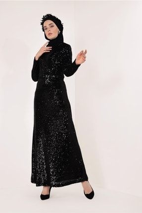 Kadın Siyah Pul Payet Abiye Elbise T 7351 19YABLTR7351