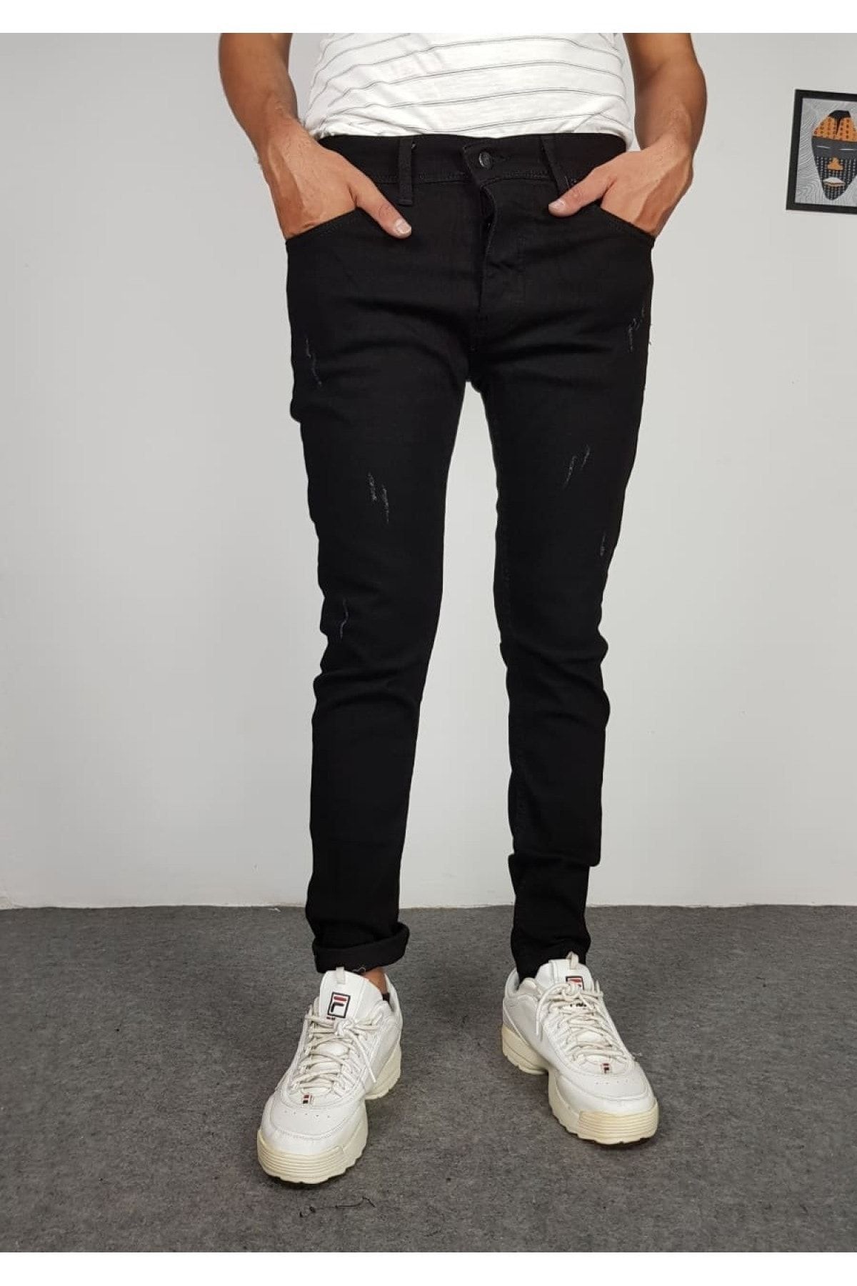 Tırnaklı Siyah Slim Fit Bilek Boy Likralı Kot Pantolon
