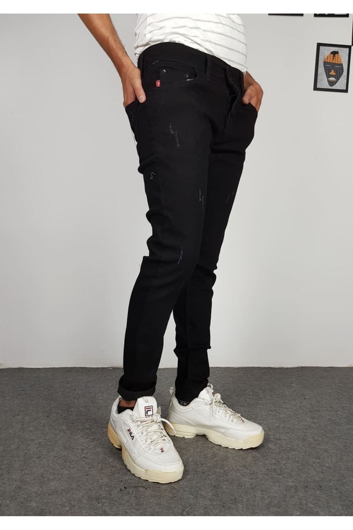 Tırnaklı Siyah Slim Fit Bilek Boy Likralı Kot Pantolon