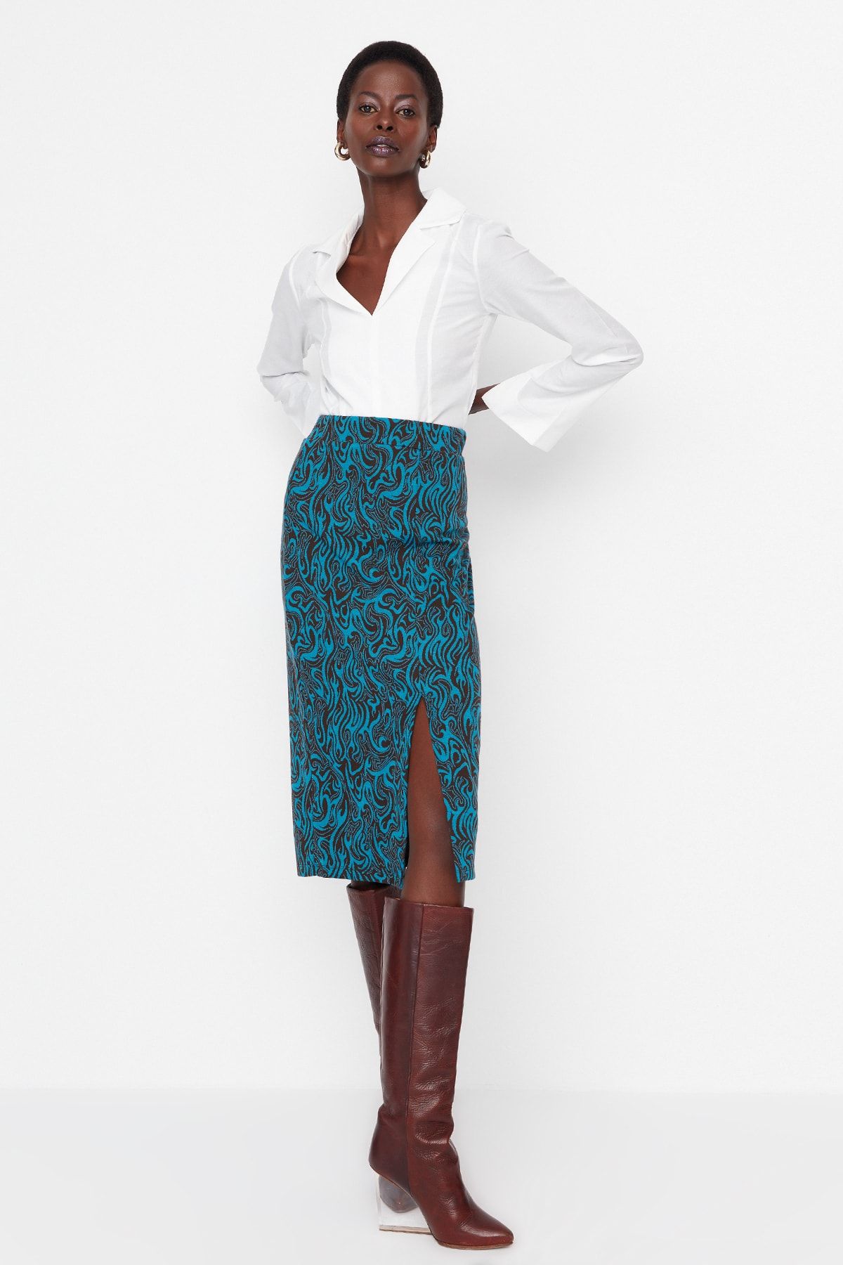 Blue leopard pencil skirt sale